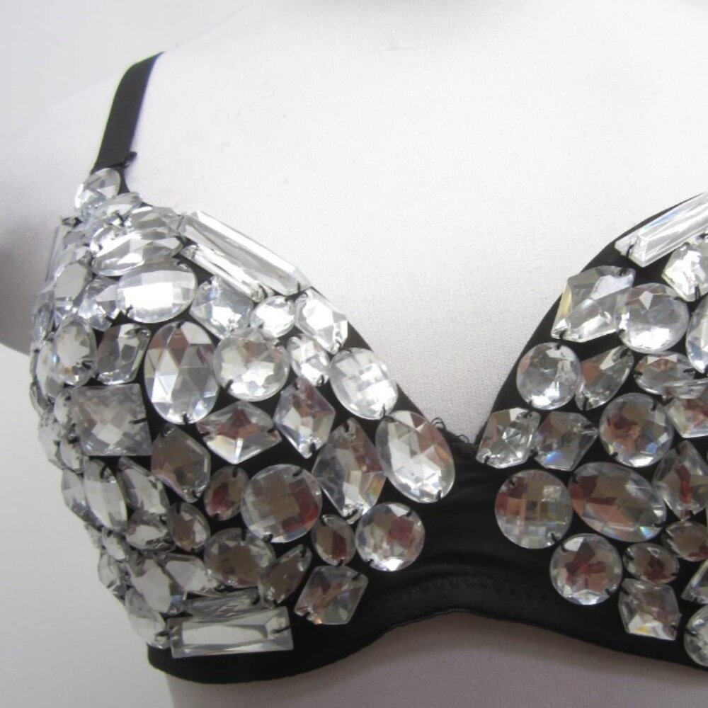 Womens Clear Silvertone Back Faceted Bead Bedazzled Black Underwire Bra Size M - Picture 2 of 5
